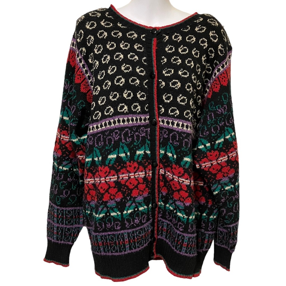 Vintage 90s Funky Floral Design Wool Blend Cardigan Sweater